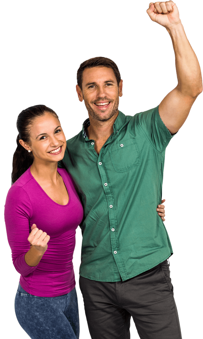 Triumphant Couple with Raised Fists on Transparent Background
