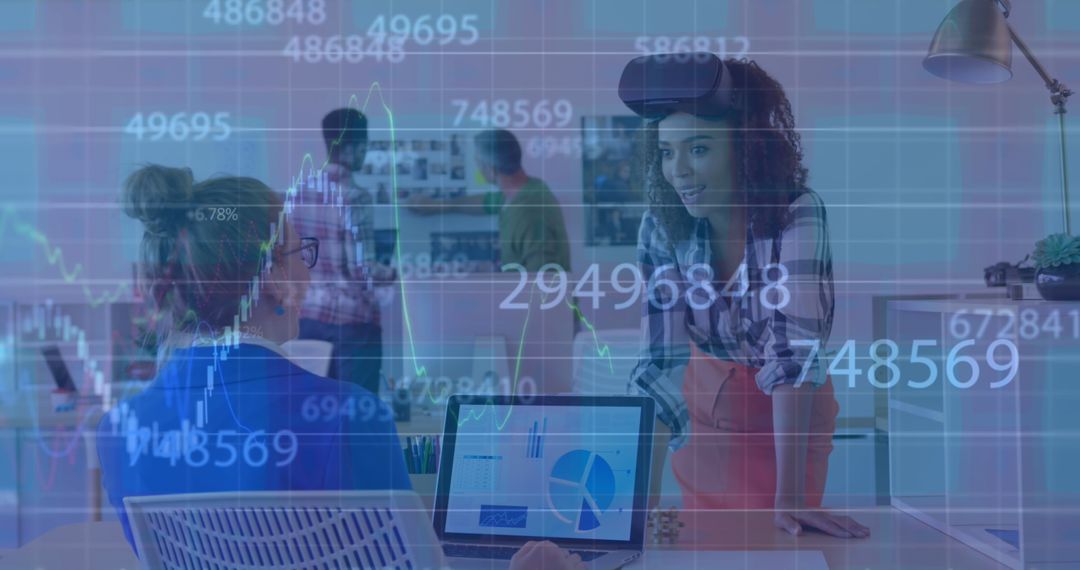 Woman Using VR Headset in Modern Office with Overlaid Data Charts