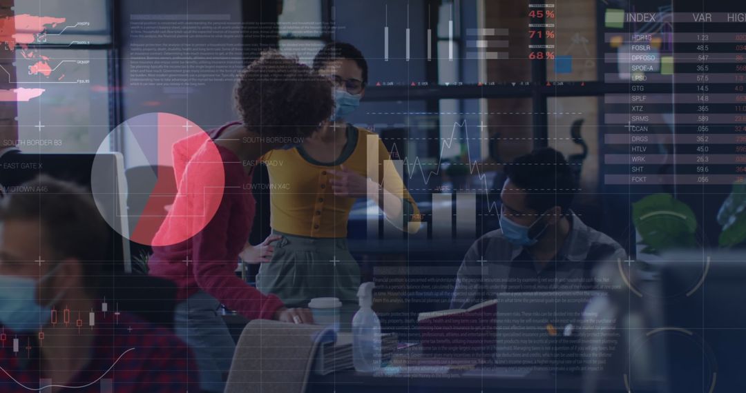 Diverse Team Analyzing Financial Data in Modern Office with Masks