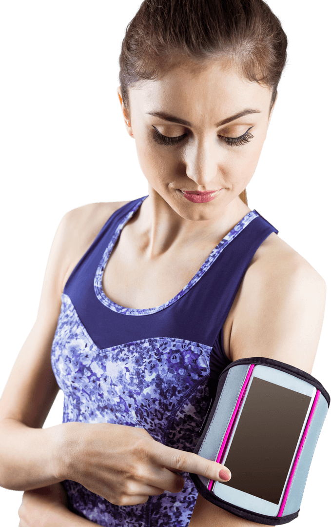 Transparent background woman adjusting smartphone in workout armband