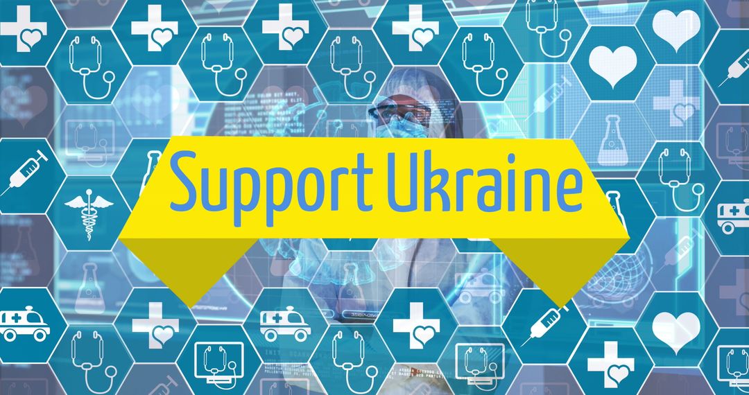 Support Ukraine Message With Medical Icons and Healthcare Professional