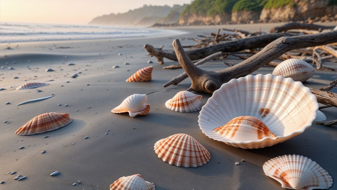 Scenic low tide on bay of bengal coastal beach with large scallop shell and driftwood