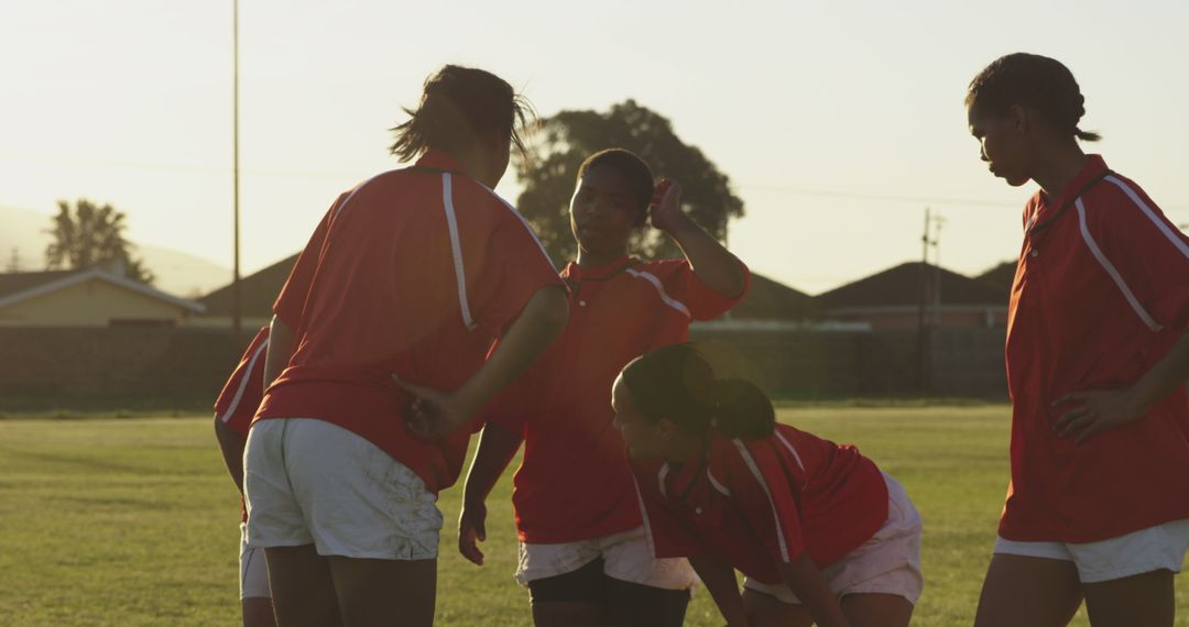 Female Soccer Team Discussing Strategy on Field During Sunset - Free Images, Stock Photos and Pictures on Pikwizard.com