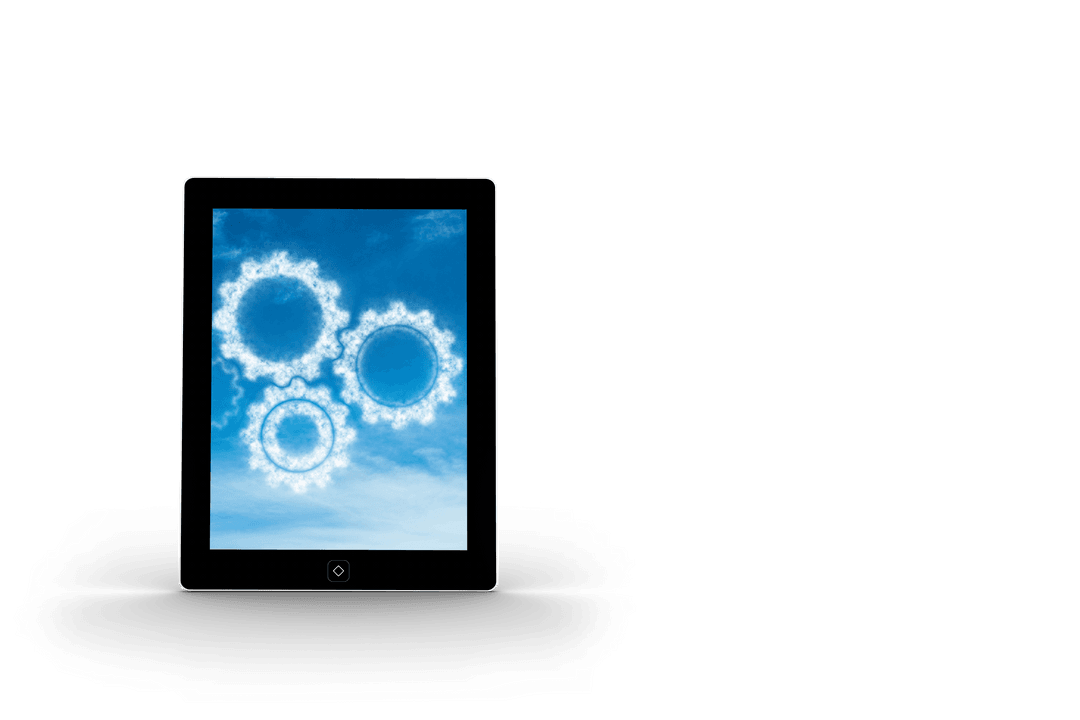 Transparent Tablet Displaying Cloud Cogs against Blue Sky