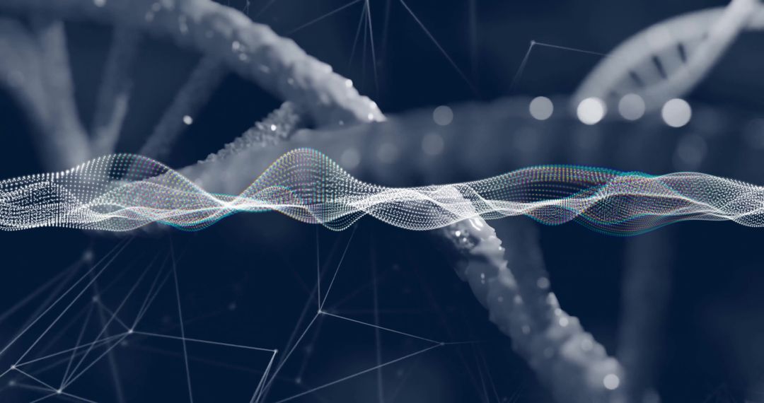 Futuristic DNA Helix with Digital Data Waves