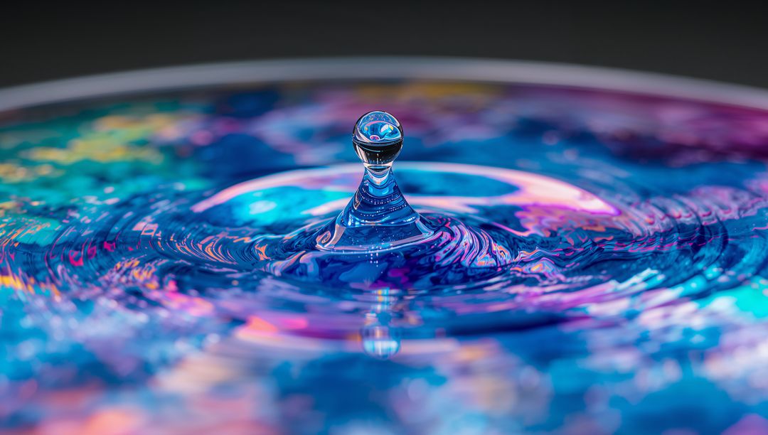 Iridescent Water Droplet Creating Neon Ripples and Bokeh Reflections in Macro