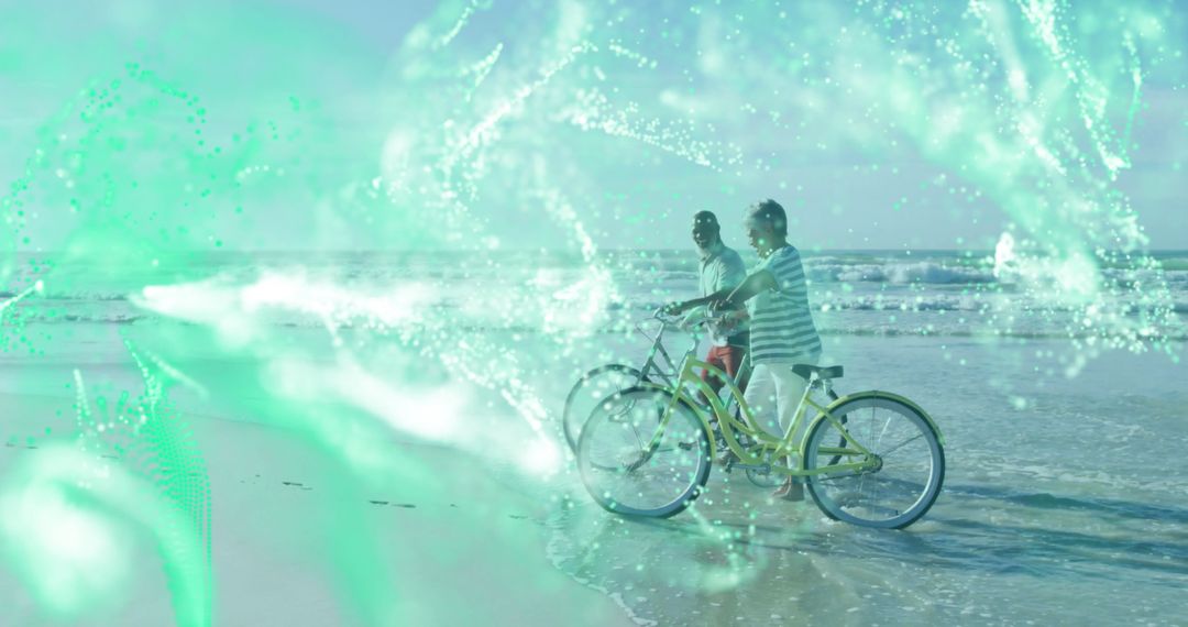 Cyclists Enjoying Beachfront Ride With Vibrant Digital Network Overlay