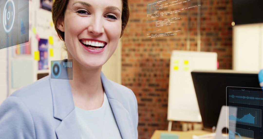 Smiling Female Developer Presenting Code Overlays in Modern Workspace