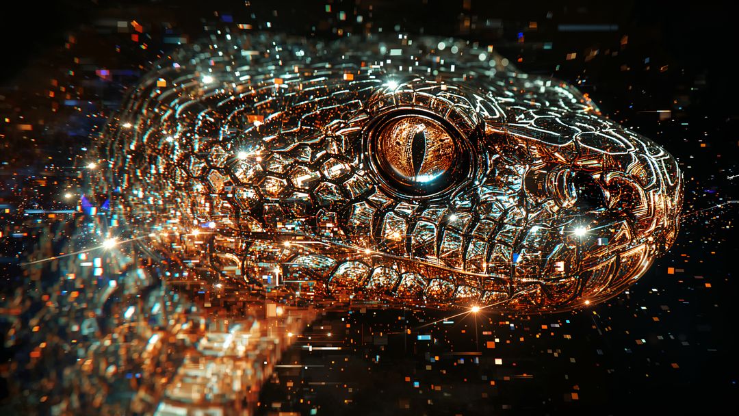 Futuristic metallic king cobra in digital realm