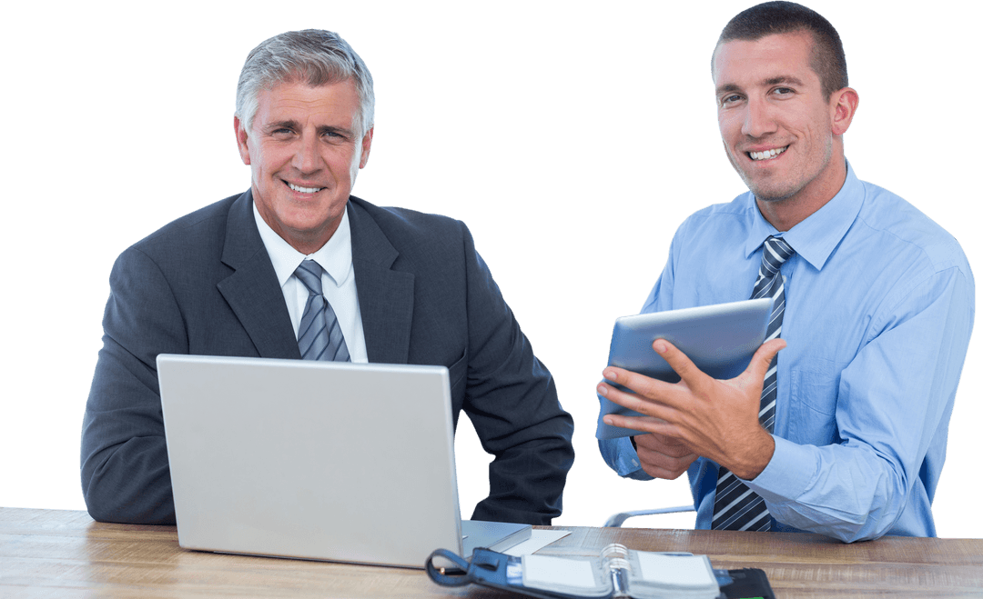Transparent Collaboration Men Using Laptop Tablet Office Posing Smiling