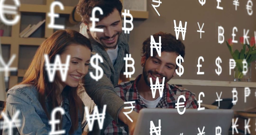 Diverse Team Collaborating with Currency Symbols Overlaid