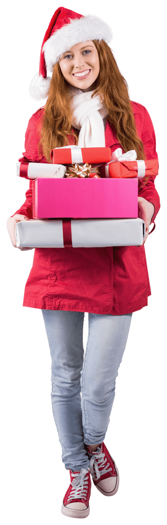 Cheerful Redhead Transporting Holiday Gifts Transparent Background