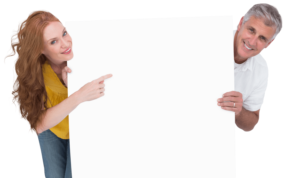 Smiling Couple Holding Blank Transparent Poster