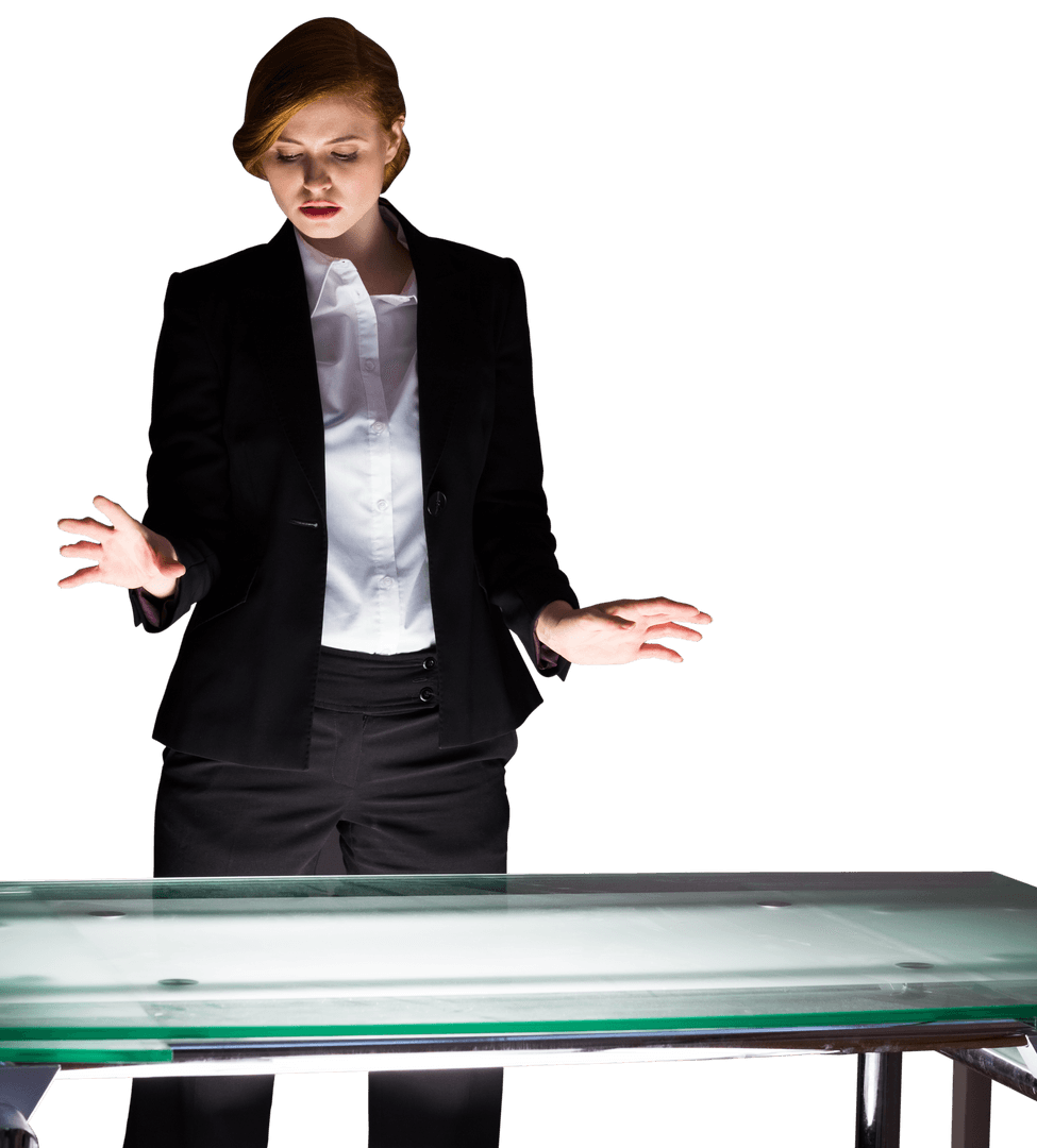 Businesswoman Standing at Innovative Transparent Table