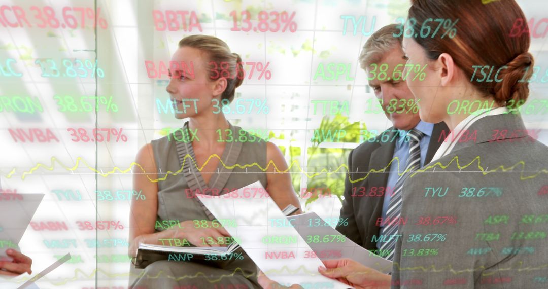 Image of stock market data processing over diverse businesspeople discussing together at office - Free Images, Stock Photos and Pictures on Pikwizard.com