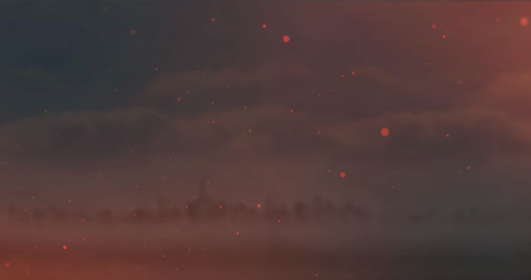 Ethereal Red Particles Over Misty Cityscape