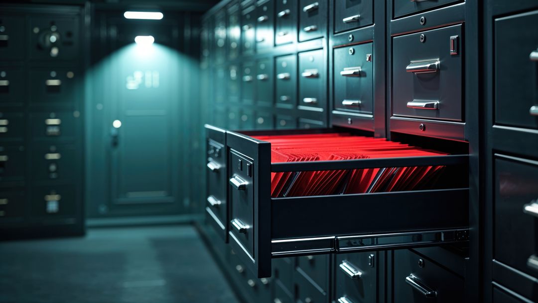 Open filing drawer with red folders in secure vault, criminal record storage concept