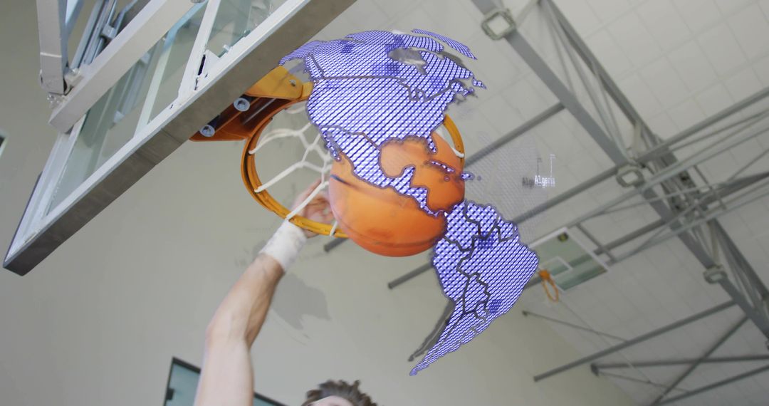 Basketball Dunk with Digital Globe Overlay in Indoor Gym