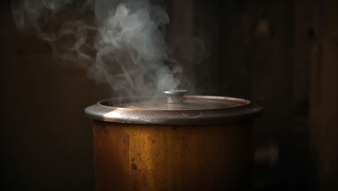 Steaming tarnished copper pot releasing soft wisps in rustic kitchen
