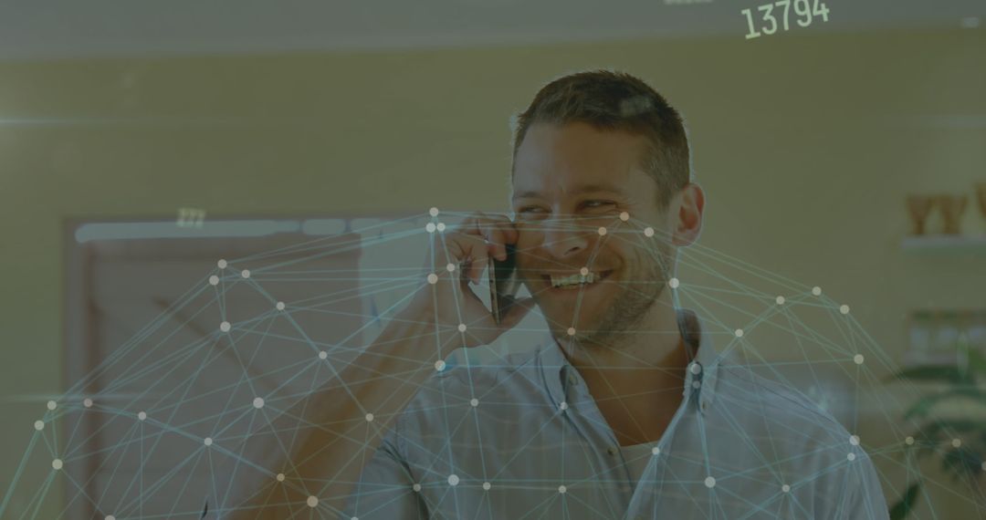 Connected World: Professional Talking on Smartphone with Digital Network Overlay