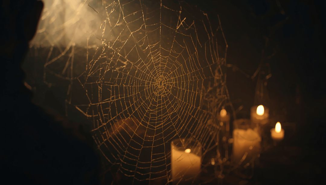 Gothic Spider Web Scene with Mysterious Candlelit Ambiance