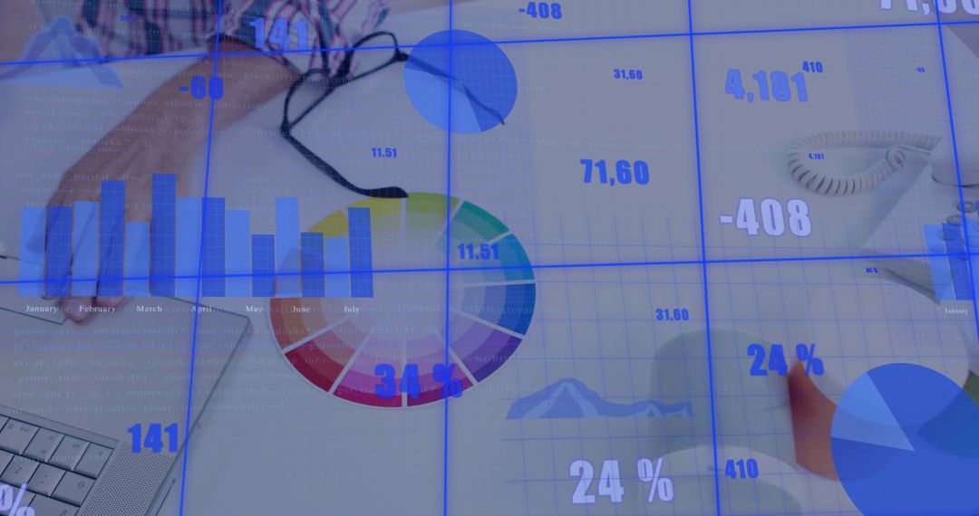 Hand Pointing at Pie Chart on Desk with Data Analytics Overlay