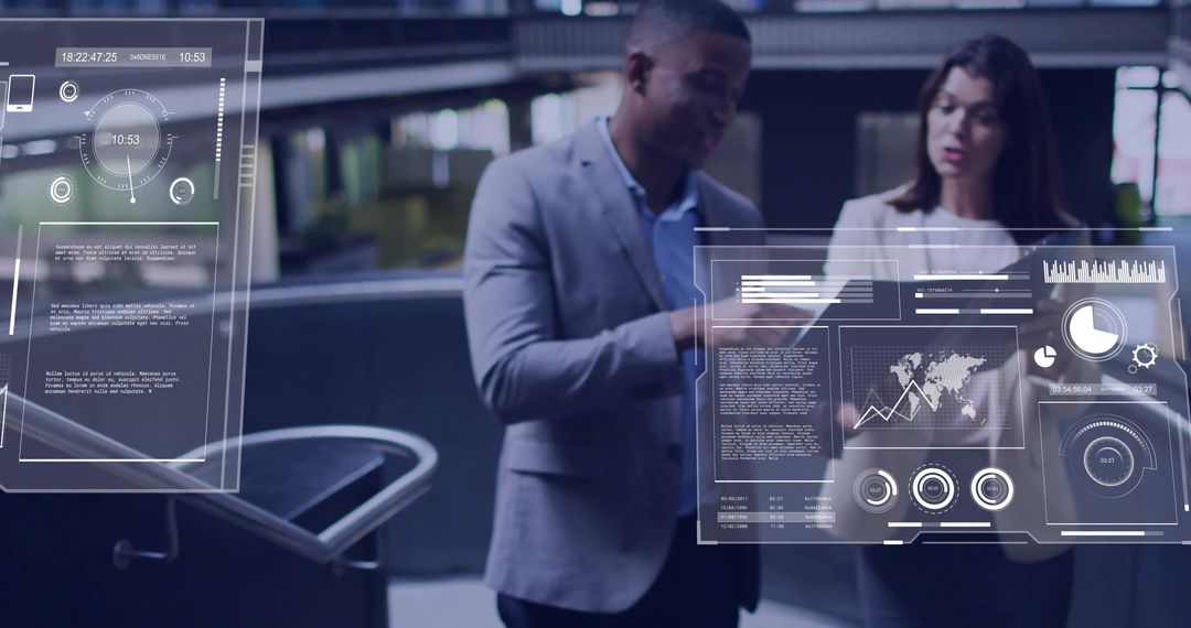 Colleagues Discussing Data with Futuristic Digital Dashboard Interface