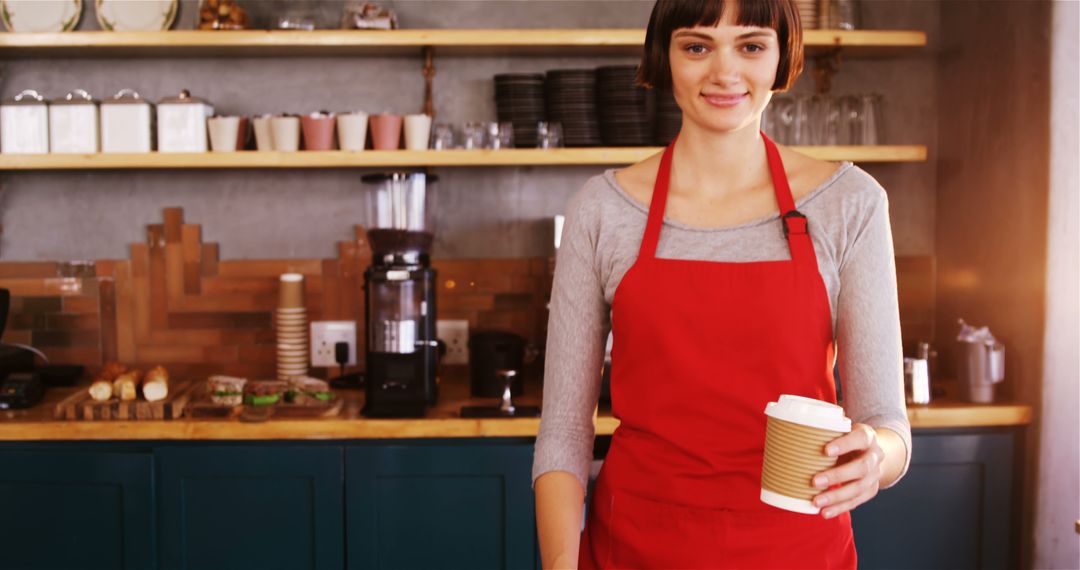 Smiling Female Barista Serving Coffee at Cafe Counter - Free Images, Stock Photos and Pictures on Pikwizard.com