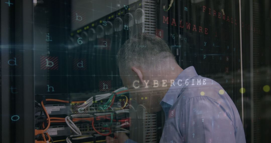Cybersecurity Technician Analyzing Data Servers with Graphic Overlay