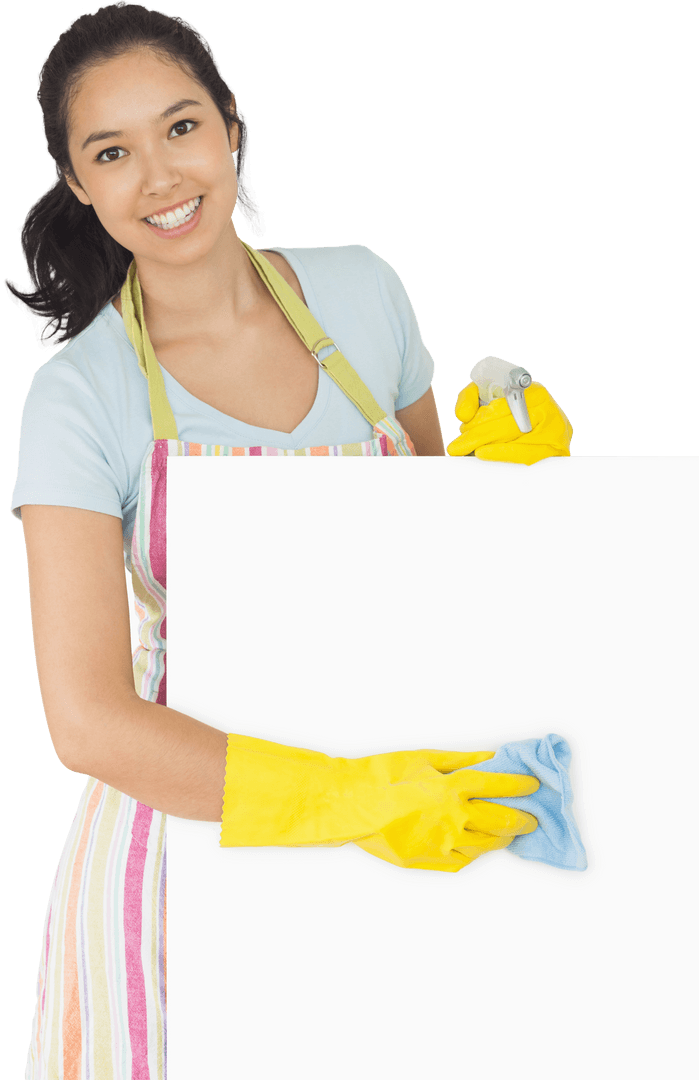 Cheerful Woman Cleaning Transparent Surface in Striped Apron
