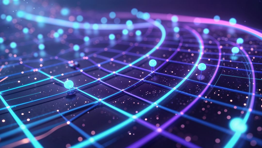 Futuristic Neon Grid Over Virtual Reality Landscape with Floating Spheres