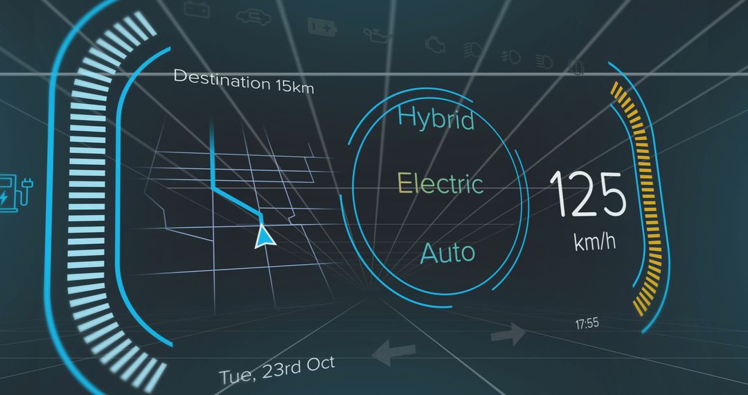 Futuristic Vehicle HUD Display with Route Navigation and Speed