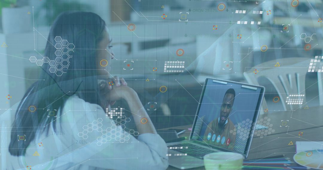 Virtual Meeting with Digital Overlay of Technology Icons and DNA Patterns