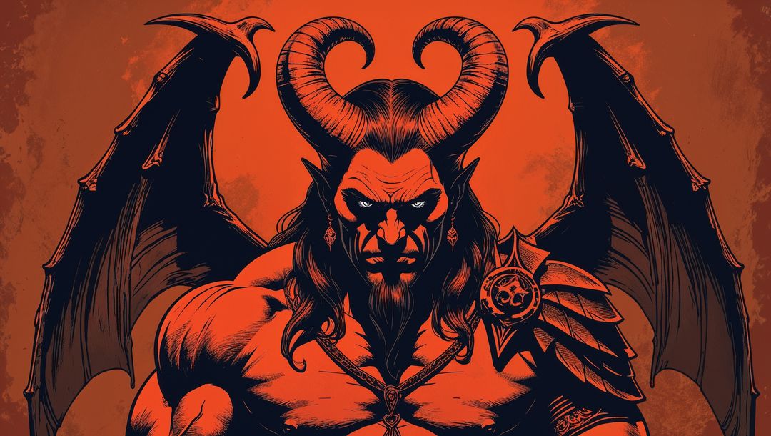 Muscular Demon with Bat Wings and Horns in Mythical Fantasy Setting