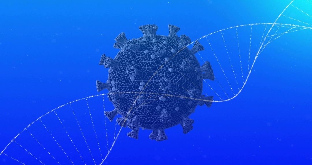 3D Wireframe Virus Model with DNA Helix on Blue Background