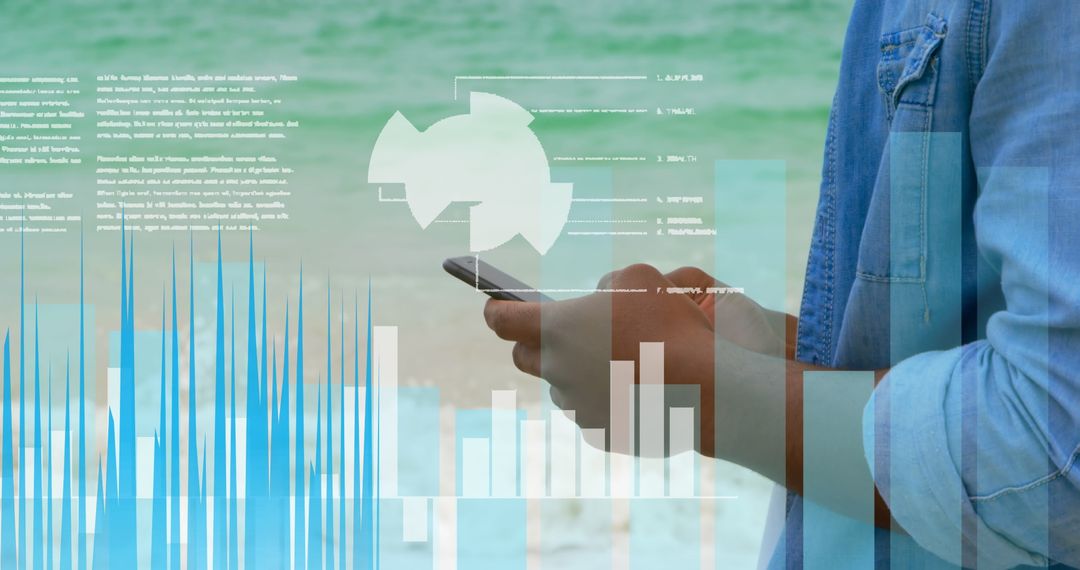 Man Analyzing Financial Data on Smartphone at Beach