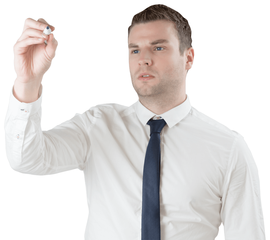 Transparent Young Businessman Writing with Marker in Formal Attire