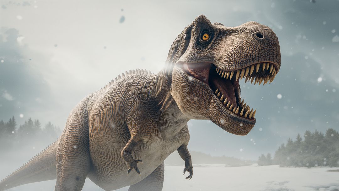 Roaring T-Rex in Icy Terrain Showing Menacing Teeth