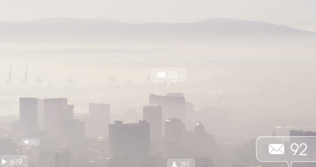 Digital Technology Overlay on Foggy Cityscape