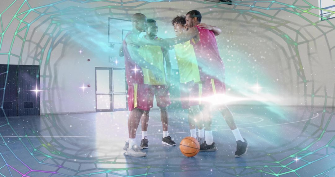 Basketball Team Unity in Futuristic Digital Arena