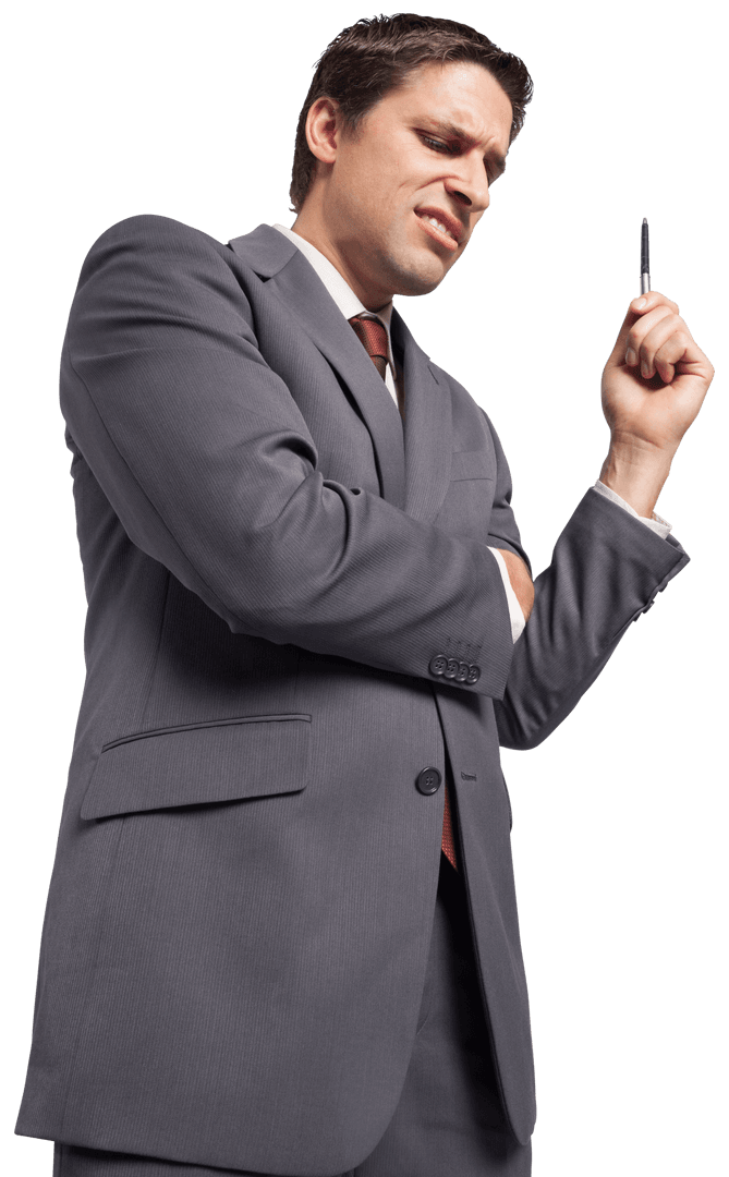Confused Caucasian Businessman with Pen on Transparent Background
