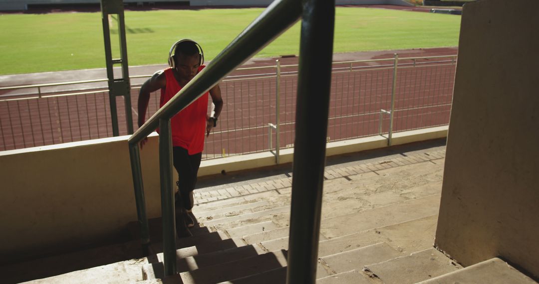 Athletic Man Training on Stadium Stairs with Headphones - Free Images, Stock Photos and Pictures on Pikwizard.com