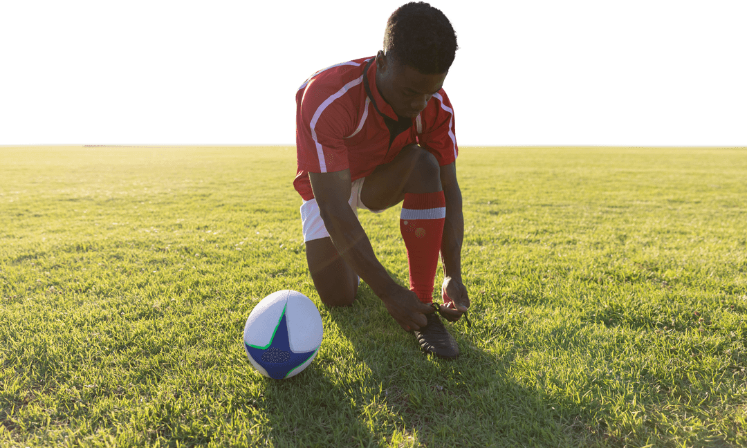 Young Rugby Player Tying Laces on Green Field, Transparent Background