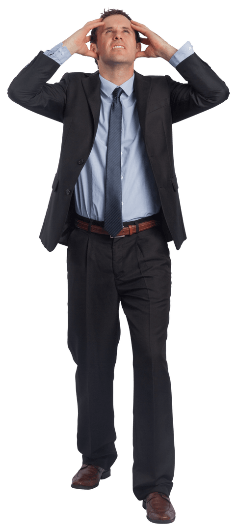 Stressed Businessman Holding Hands on Head Isolated on Transparent Background