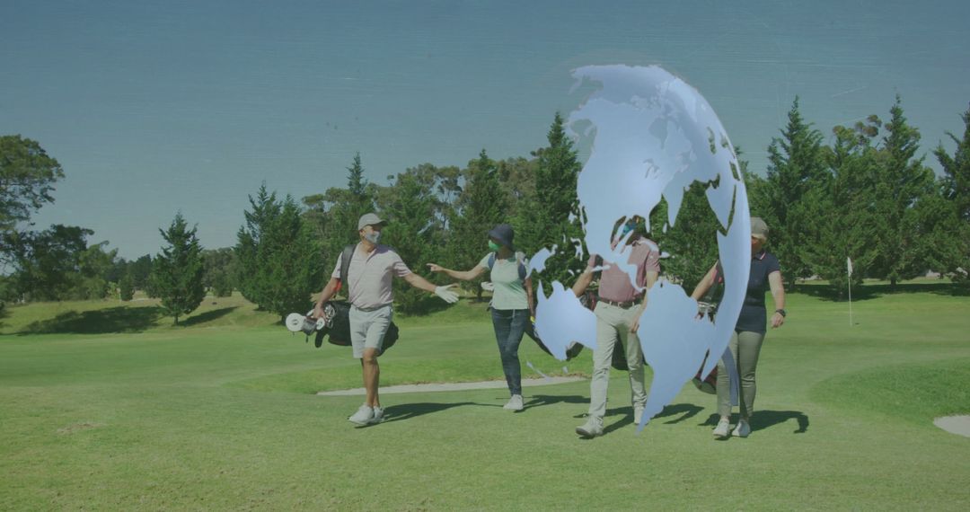 Golfers Meeting on Course with Digital Globe Overlay