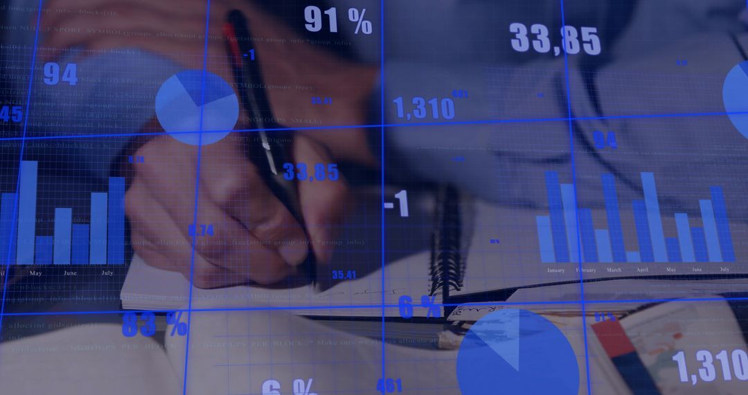 Business Analyst Working on Financial Reports with Overlay Graphics
