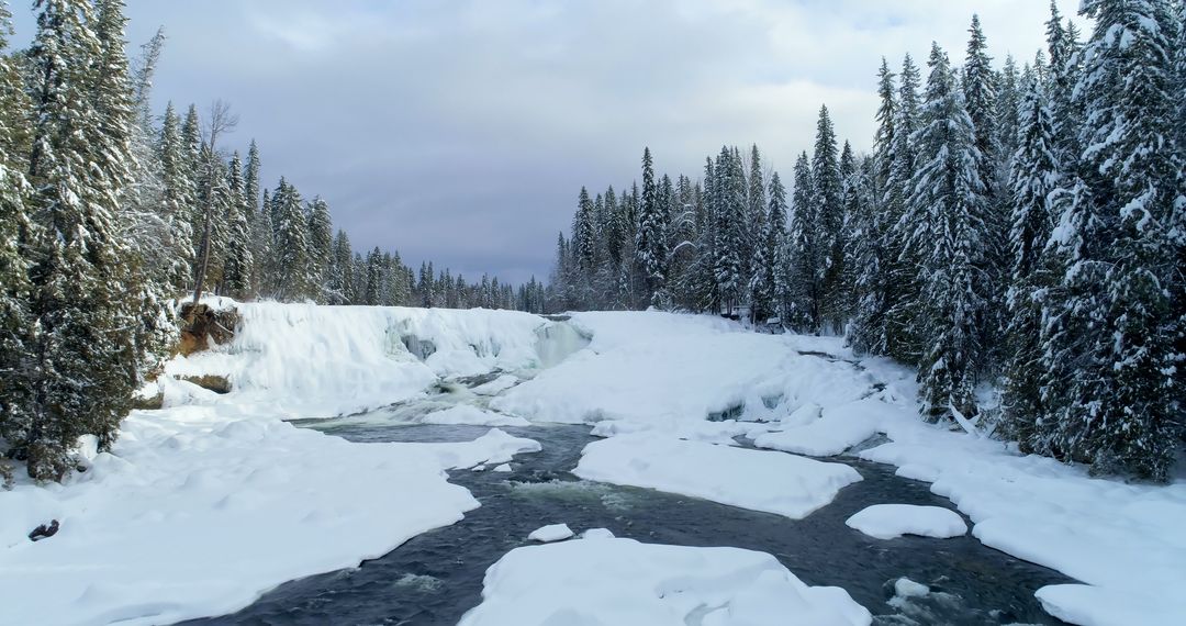 Snow-covered Forest with Icy River and Waterfall - Free Images, Stock Photos and Pictures on Pikwizard.com