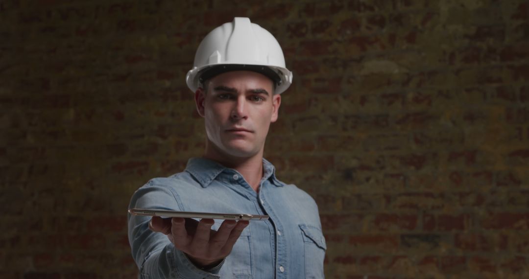 Construction Worker Holding Digital Tablet in Industrial Setting - Free Images, Stock Photos and Pictures on Pikwizard.com