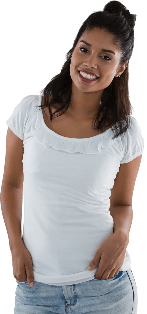 Transparent Portrait of Smiling Woman in Casual White Top