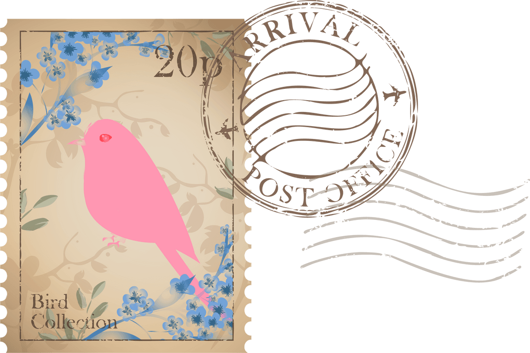 Retro bird stamp with pink silhouette and blue flowers on transparent background